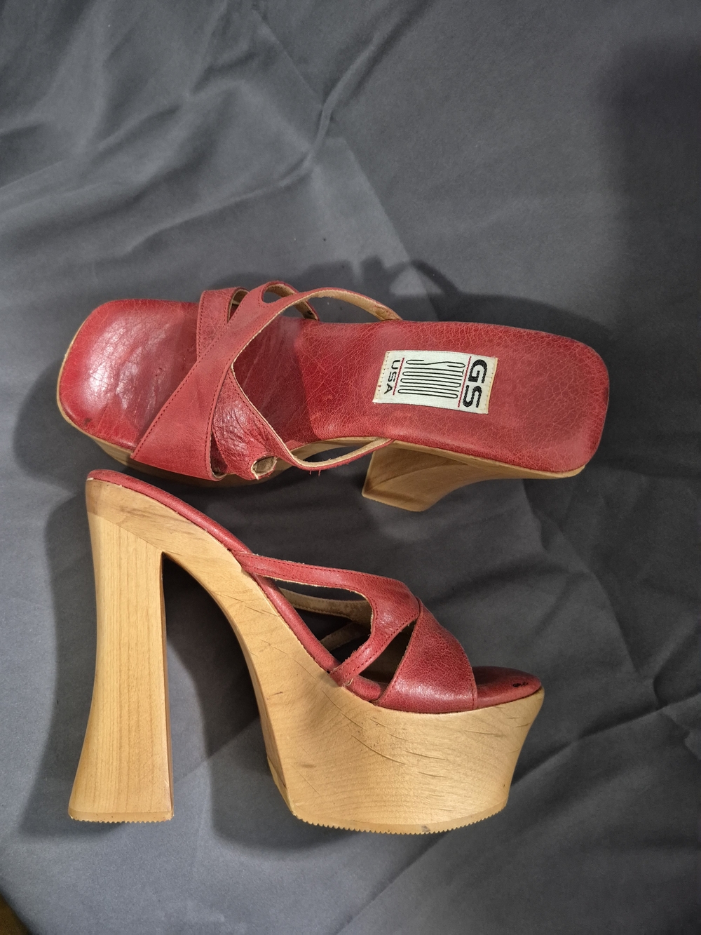GS Studio USA- Red Leather Platform Mules with Wood-Look Heel